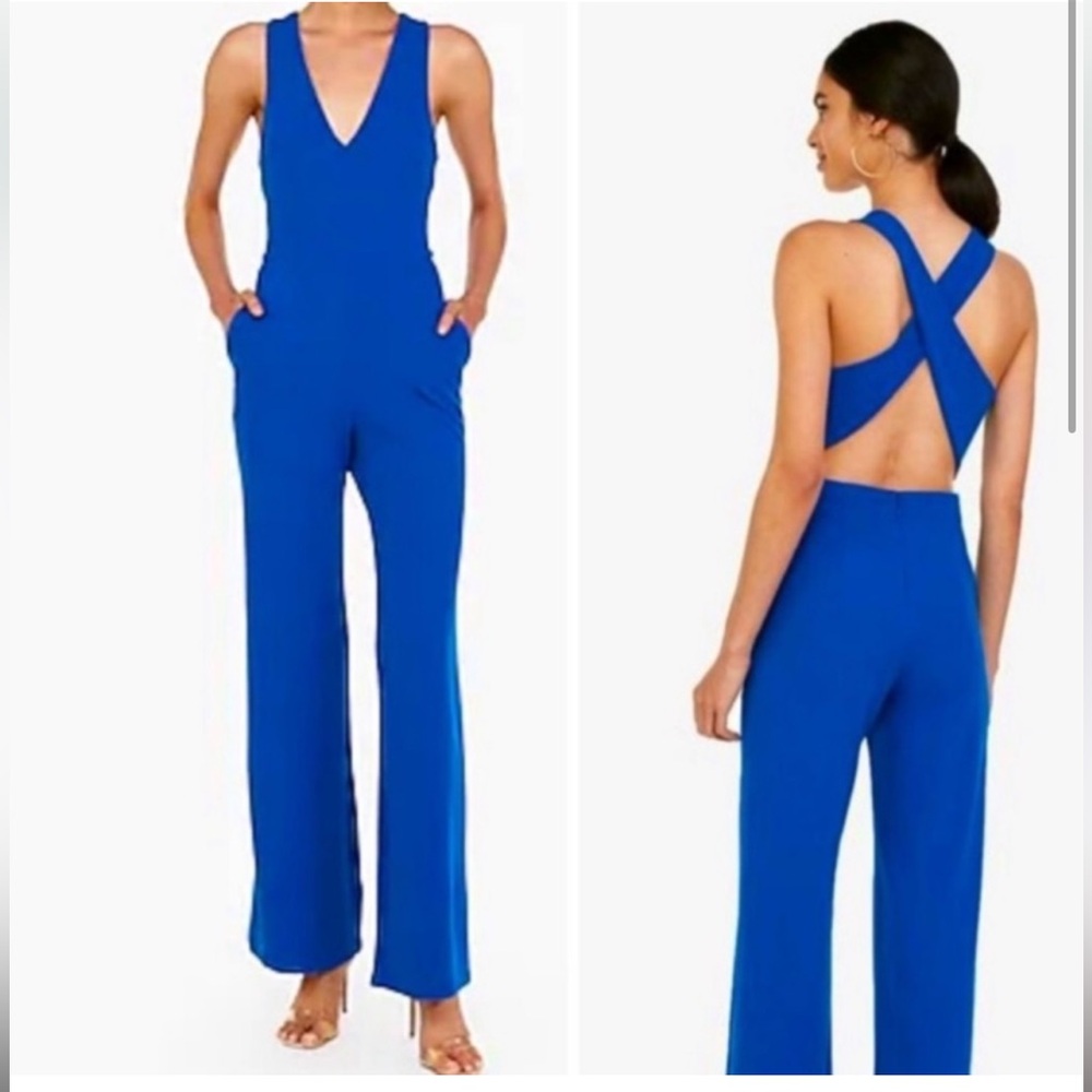 Express Blue CROSS BACK WIDE LEG JUMPSUIT w/ Pockets XS